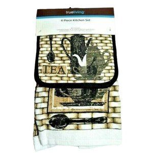 Morning Coffee Kitchen Towels Potholders Cup Saucer Pot Brown Tan Black 4-Piece